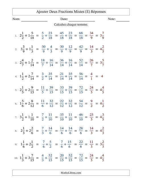 Ajouter deux fractions mixtes avec des dénominateurs similaires, résultats en fractions mixtes, et avec simplification dans tous les problèmes (Remplissable) (E) page 2