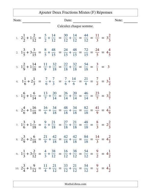 Ajouter deux fractions mixtes avec des dénominateurs similaires, résultats en fractions mixtes, et avec simplification dans tous les problèmes (Remplissable) (F) page 2