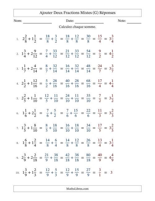Ajouter deux fractions mixtes avec des dénominateurs similaires, résultats en fractions mixtes, et avec simplification dans tous les problèmes (Remplissable) (G) page 2