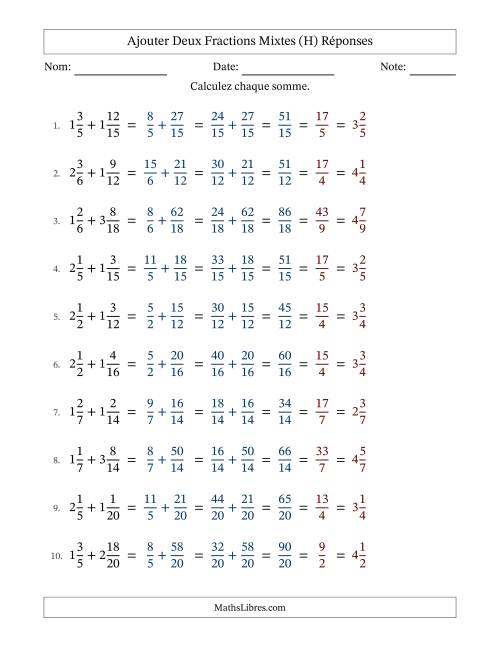 Ajouter deux fractions mixtes avec des dénominateurs similaires, résultats en fractions mixtes, et avec simplification dans tous les problèmes (Remplissable) (H) page 2