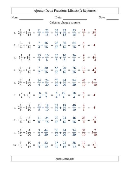 Ajouter deux fractions mixtes avec des dénominateurs similaires, résultats en fractions mixtes, et avec simplification dans tous les problèmes (Remplissable) (I) page 2