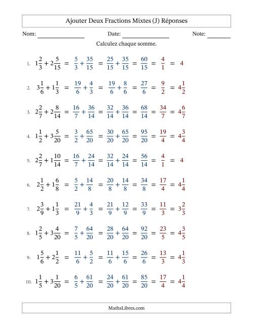 Ajouter deux fractions mixtes avec des dénominateurs similaires, résultats en fractions mixtes, et avec simplification dans tous les problèmes (Remplissable) (J) page 2