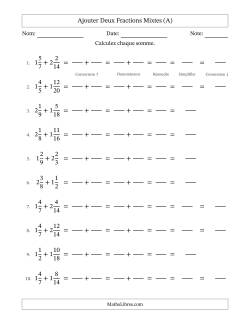 Ajouter deux fractions mixtes avec des dénominateurs similaires, résultats en fractions mixtes, et avec simplification dans quelques problèmes (Remplissable)