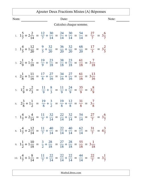 Ajouter deux fractions mixtes avec des dénominateurs similaires, résultats en fractions mixtes, et avec simplification dans quelques problèmes (Remplissable) (A) page 2