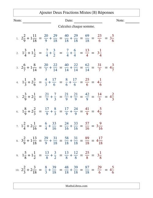 Ajouter deux fractions mixtes avec des dénominateurs similaires, résultats en fractions mixtes, et avec simplification dans quelques problèmes (Remplissable) (B) page 2