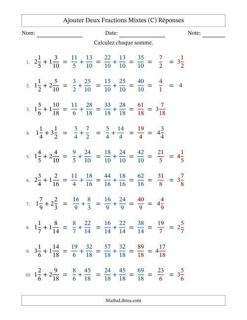 Ajouter deux fractions mixtes avec des dénominateurs similaires, résultats en fractions mixtes, et avec simplification dans quelques problèmes (Remplissable) (C) page 2