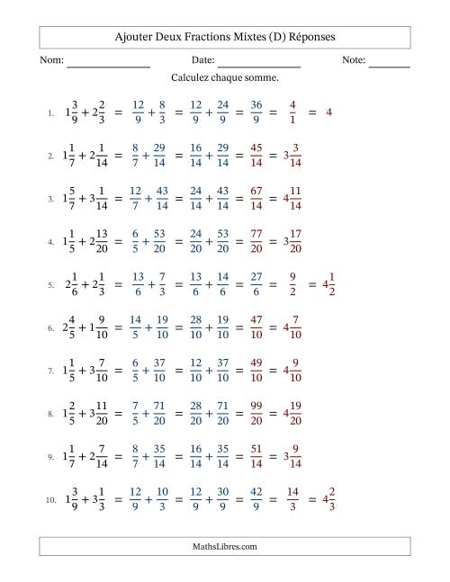 Ajouter deux fractions mixtes avec des dénominateurs similaires, résultats en fractions mixtes, et avec simplification dans quelques problèmes (Remplissable) (D) page 2