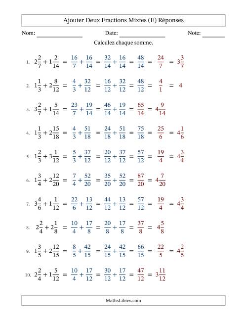 Ajouter deux fractions mixtes avec des dénominateurs similaires, résultats en fractions mixtes, et avec simplification dans quelques problèmes (Remplissable) (E) page 2