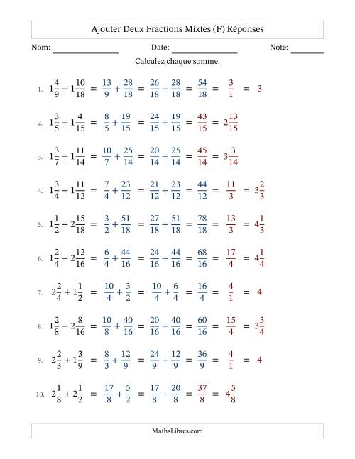 Ajouter deux fractions mixtes avec des dénominateurs similaires, résultats en fractions mixtes, et avec simplification dans quelques problèmes (Remplissable) (F) page 2