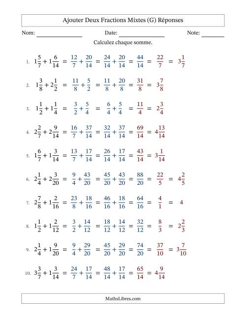 Ajouter deux fractions mixtes avec des dénominateurs similaires, résultats en fractions mixtes, et avec simplification dans quelques problèmes (Remplissable) (G) page 2