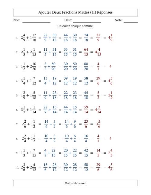 Ajouter deux fractions mixtes avec des dénominateurs similaires, résultats en fractions mixtes, et avec simplification dans quelques problèmes (Remplissable) (H) page 2
