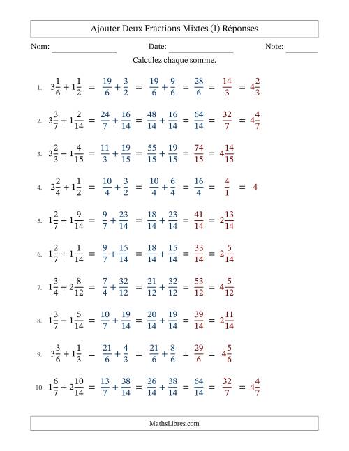 Ajouter deux fractions mixtes avec des dénominateurs similaires, résultats en fractions mixtes, et avec simplification dans quelques problèmes (Remplissable) (I) page 2