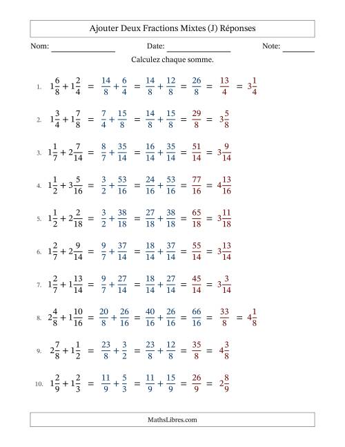 Ajouter deux fractions mixtes avec des dénominateurs similaires, résultats en fractions mixtes, et avec simplification dans quelques problèmes (Remplissable) (J) page 2