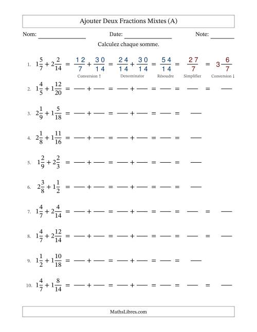 Ajouter deux fractions mixtes avec des dénominateurs similaires, résultats en fractions mixtes, et avec simplification dans quelques problèmes (Remplissable) (Tout)