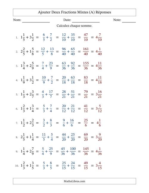 Ajouter deux fractions mixtes avec des dénominateurs différents, résultats en fractions mixtes, et sans simplification (Remplissable) (A) page 2