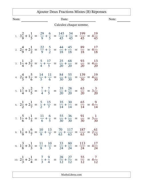 Ajouter deux fractions mixtes avec des dénominateurs différents, résultats en fractions mixtes, et sans simplification (Remplissable) (B) page 2