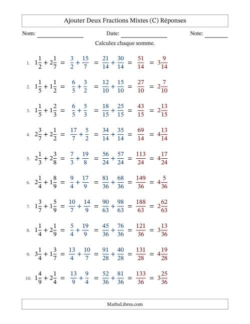Ajouter deux fractions mixtes avec des dénominateurs différents, résultats en fractions mixtes, et sans simplification (Remplissable) (C) page 2