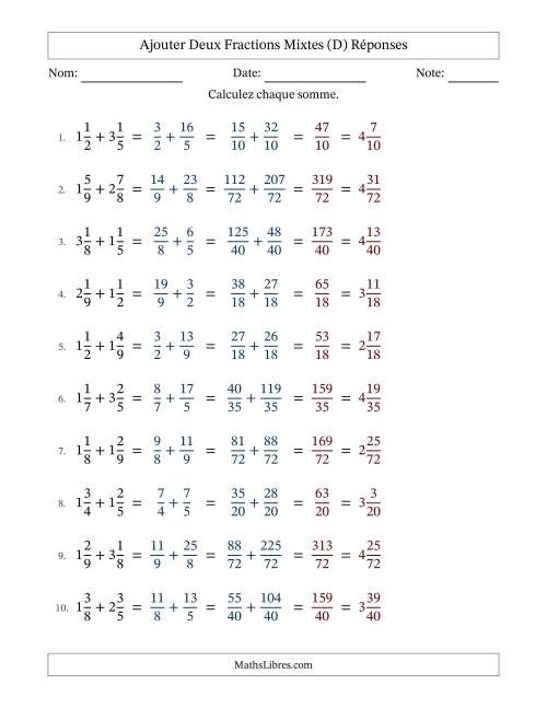 Ajouter deux fractions mixtes avec des dénominateurs différents, résultats en fractions mixtes, et sans simplification (Remplissable) (D) page 2