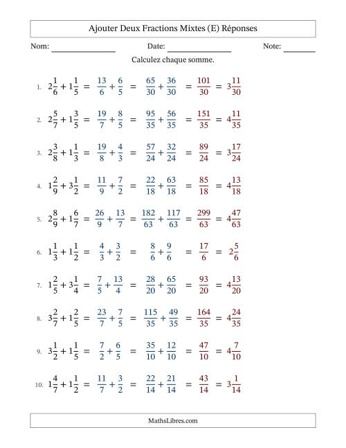 Ajouter deux fractions mixtes avec des dénominateurs différents, résultats en fractions mixtes, et sans simplification (Remplissable) (E) page 2