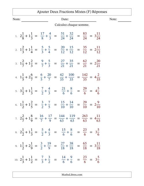 Ajouter deux fractions mixtes avec des dénominateurs différents, résultats en fractions mixtes, et sans simplification (Remplissable) (F) page 2