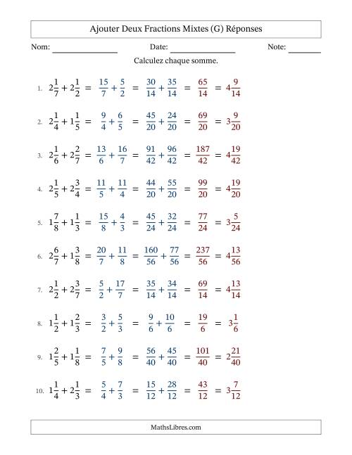 Ajouter deux fractions mixtes avec des dénominateurs différents, résultats en fractions mixtes, et sans simplification (Remplissable) (G) page 2