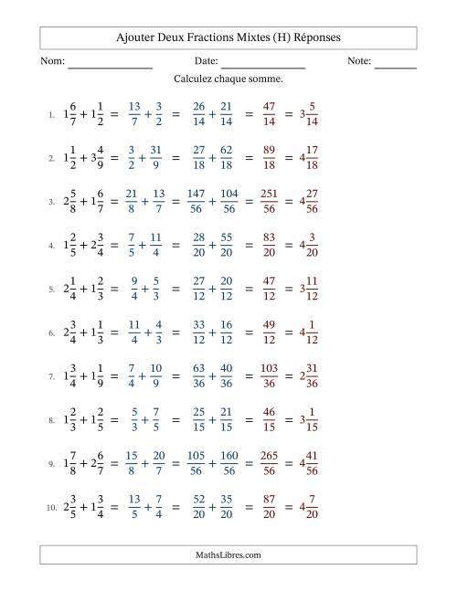 Ajouter deux fractions mixtes avec des dénominateurs différents, résultats en fractions mixtes, et sans simplification (Remplissable) (H) page 2