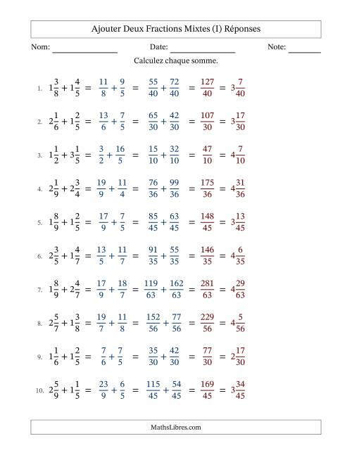 Ajouter deux fractions mixtes avec des dénominateurs différents, résultats en fractions mixtes, et sans simplification (Remplissable) (I) page 2