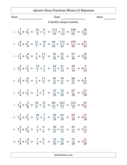 Ajouter deux fractions mixtes avec des dénominateurs différents, résultats en fractions mixtes, et sans simplification (Remplissable) (J) page 2