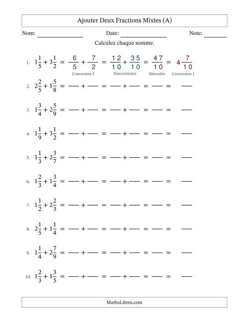 Ajouter deux fractions mixtes avec des dénominateurs différents, résultats en fractions mixtes, et sans simplification (Remplissable) (Tout)