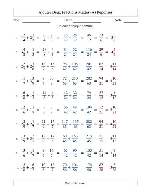 Ajouter deux fractions mixtes avec des dénominateurs différents, résultats en fractions mixtes, et avec simplification dans tous les problèmes (Remplissable) (A) page 2