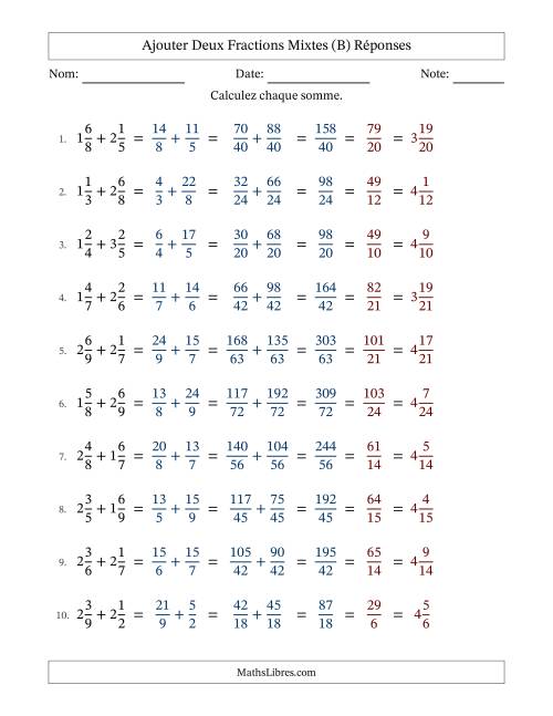 Ajouter deux fractions mixtes avec des dénominateurs différents, résultats en fractions mixtes, et avec simplification dans tous les problèmes (Remplissable) (B) page 2