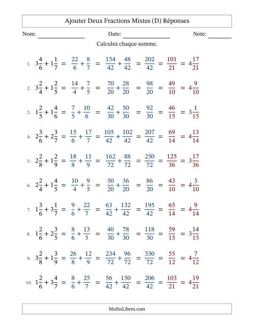 Ajouter deux fractions mixtes avec des dénominateurs différents, résultats en fractions mixtes, et avec simplification dans tous les problèmes (Remplissable) (D) page 2
