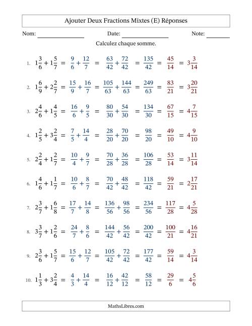 Ajouter deux fractions mixtes avec des dénominateurs différents, résultats en fractions mixtes, et avec simplification dans tous les problèmes (Remplissable) (E) page 2
