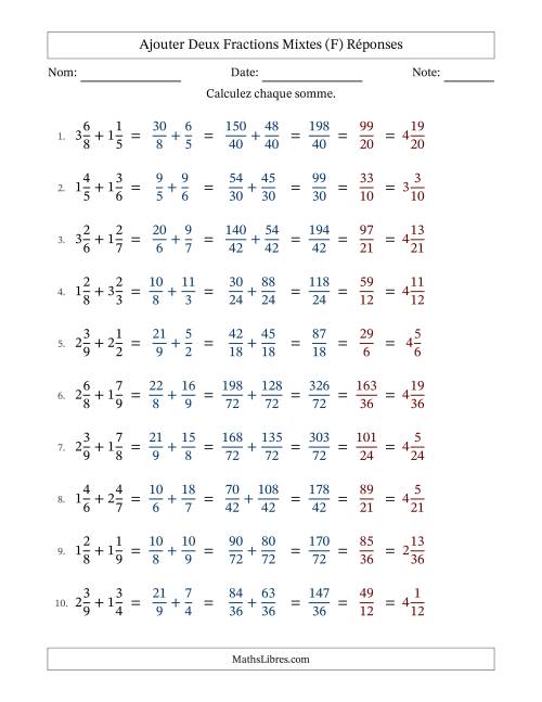 Ajouter deux fractions mixtes avec des dénominateurs différents, résultats en fractions mixtes, et avec simplification dans tous les problèmes (Remplissable) (F) page 2