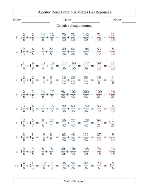 Ajouter deux fractions mixtes avec des dénominateurs différents, résultats en fractions mixtes, et avec simplification dans tous les problèmes (Remplissable) (G) page 2
