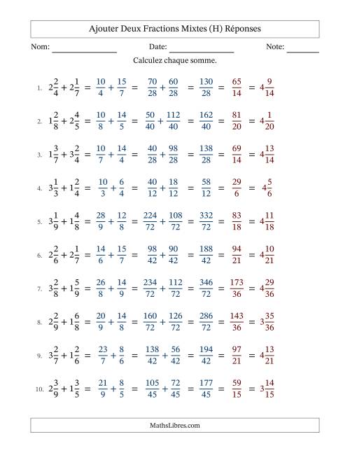 Ajouter deux fractions mixtes avec des dénominateurs différents, résultats en fractions mixtes, et avec simplification dans tous les problèmes (Remplissable) (H) page 2
