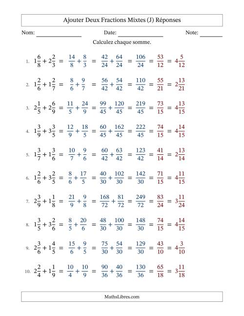 Ajouter deux fractions mixtes avec des dénominateurs différents, résultats en fractions mixtes, et avec simplification dans tous les problèmes (Remplissable) (J) page 2