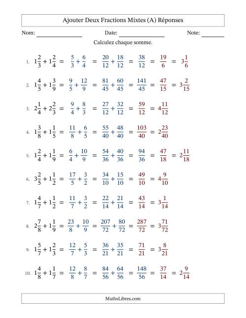Ajouter deux fractions mixtes avec des dénominateurs différents, résultats en fractions mixtes, et avec simplification dans quelques problèmes (Remplissable) (A) page 2