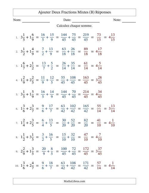 Ajouter deux fractions mixtes avec des dénominateurs différents, résultats en fractions mixtes, et avec simplification dans quelques problèmes (Remplissable) (B) page 2