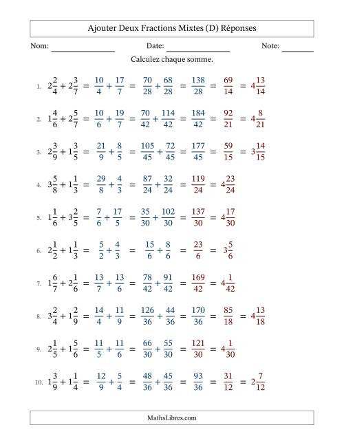 Ajouter deux fractions mixtes avec des dénominateurs différents, résultats en fractions mixtes, et avec simplification dans quelques problèmes (Remplissable) (D) page 2