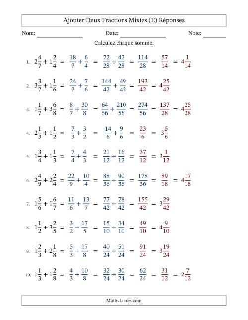 Ajouter deux fractions mixtes avec des dénominateurs différents, résultats en fractions mixtes, et avec simplification dans quelques problèmes (Remplissable) (E) page 2