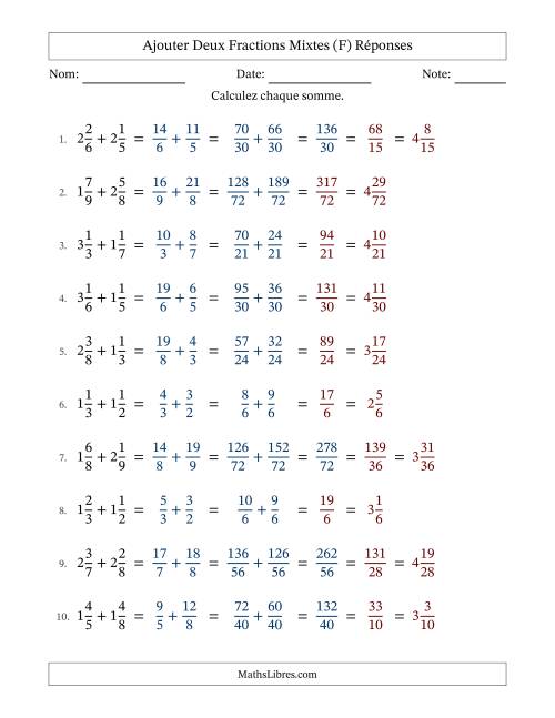 Ajouter deux fractions mixtes avec des dénominateurs différents, résultats en fractions mixtes, et avec simplification dans quelques problèmes (Remplissable) (F) page 2