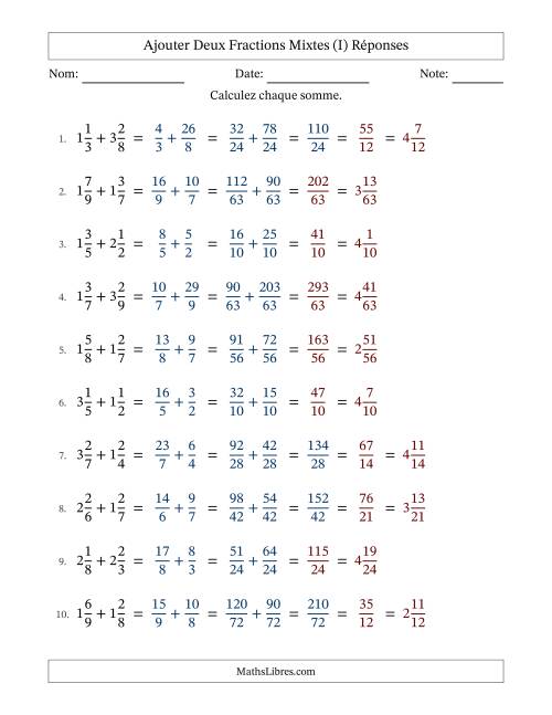 Ajouter deux fractions mixtes avec des dénominateurs différents, résultats en fractions mixtes, et avec simplification dans quelques problèmes (Remplissable) (I) page 2