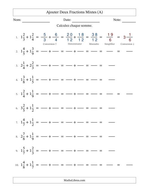 Ajouter deux fractions mixtes avec des dénominateurs différents, résultats en fractions mixtes, et avec simplification dans quelques problèmes (Remplissable) (Tout)