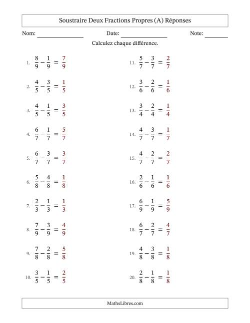 Soustraire deux fractions propres avec des dénominateurs égaux, résultats en fractions propres, et sans simplification (Remplissable) (A) page 2