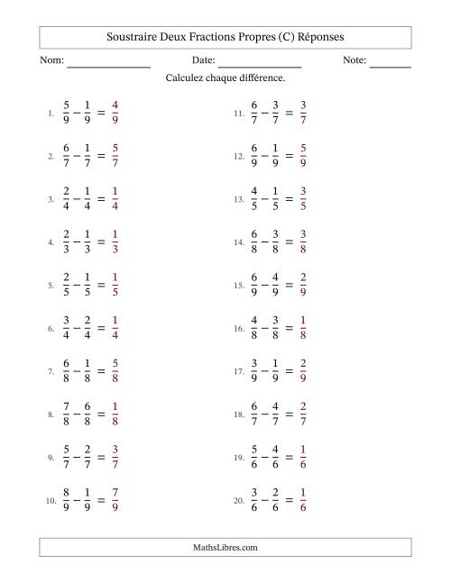 Soustraire deux fractions propres avec des dénominateurs égaux, résultats en fractions propres, et sans simplification (Remplissable) (C) page 2