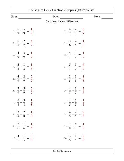 Soustraire deux fractions propres avec des dénominateurs égaux, résultats en fractions propres, et sans simplification (Remplissable) (E) page 2