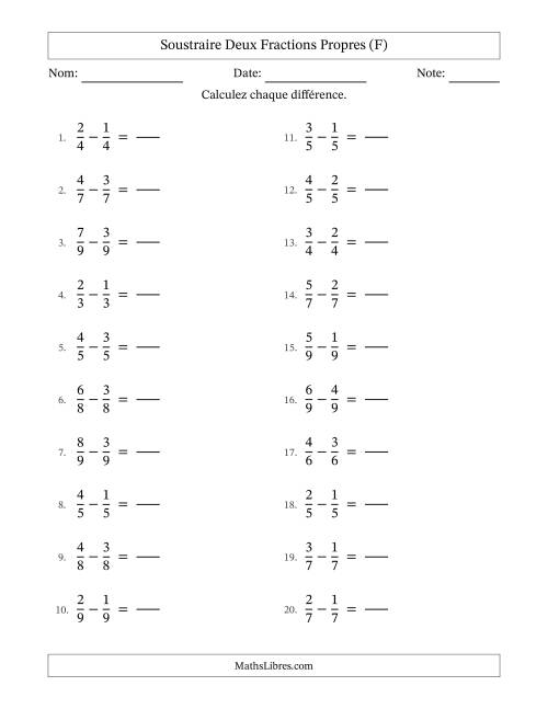 Soustraire deux fractions propres avec des dénominateurs égaux, résultats en fractions propres, et sans simplification (Remplissable) (F)