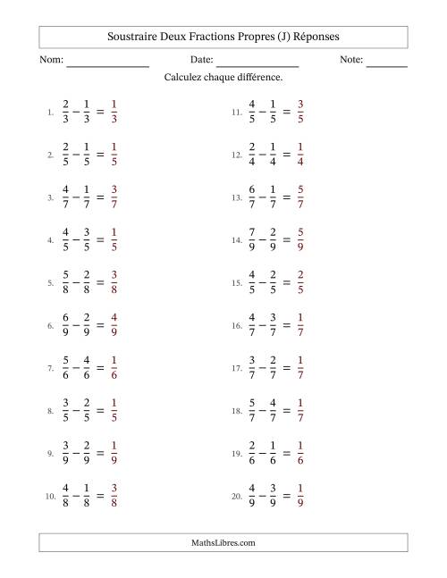 Soustraire deux fractions propres avec des dénominateurs égaux, résultats en fractions propres, et sans simplification (Remplissable) (J) page 2
