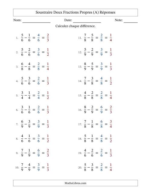 Soustraire deux fractions propres avec des dénominateurs égaux, résultats en fractions propres, et avec simplification dans tous les problèmes (Remplissable) (A) page 2